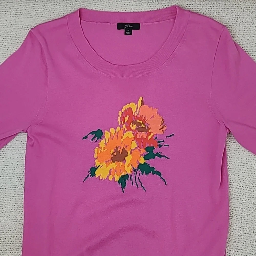 J Crew Merino Wool Blend Embroidered Floral Short-Sleeve Tippi Sweater in Pink